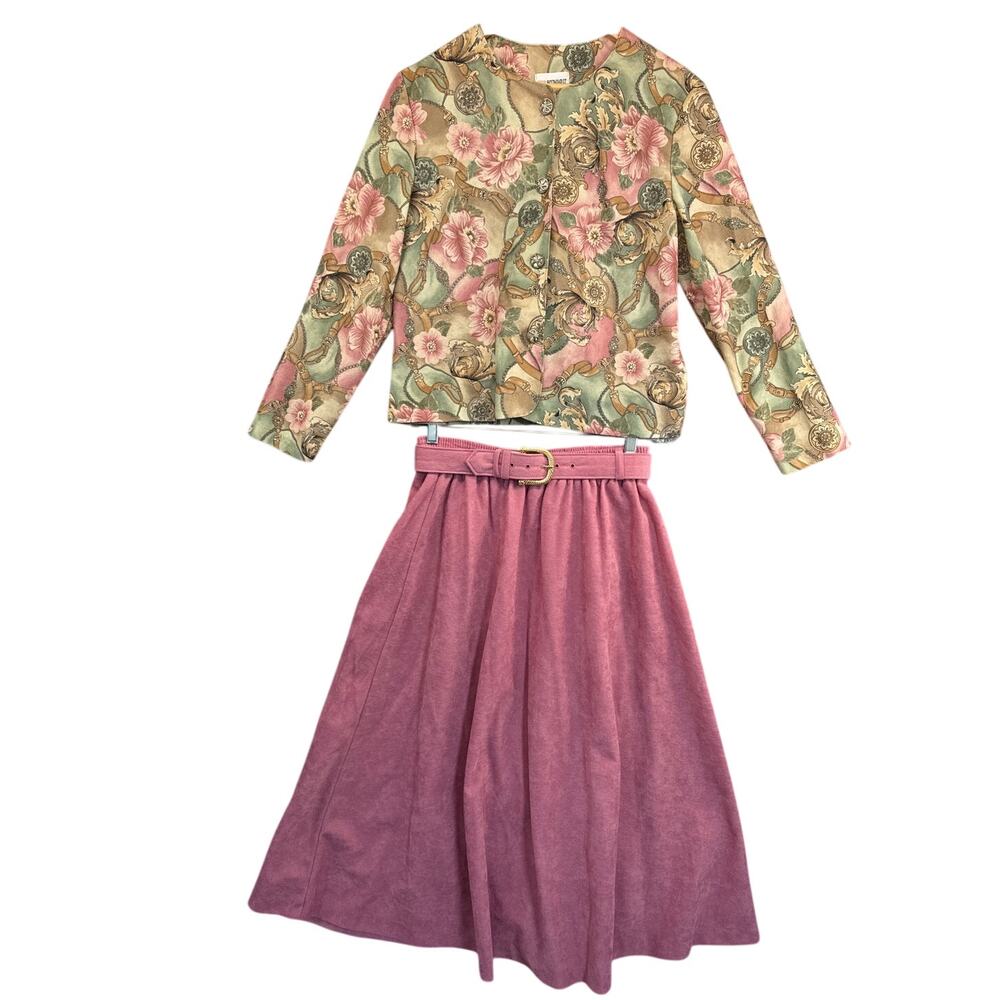 Inseparables Vintage Floral Rose Pink Jacket Skirt Belt Set Women 10/12
